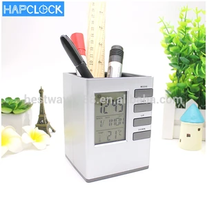 Image of Temperature Thermometer Pen Holder clock Calendar Display Table Alarm Pen Holder Clock For voice control Students Gift