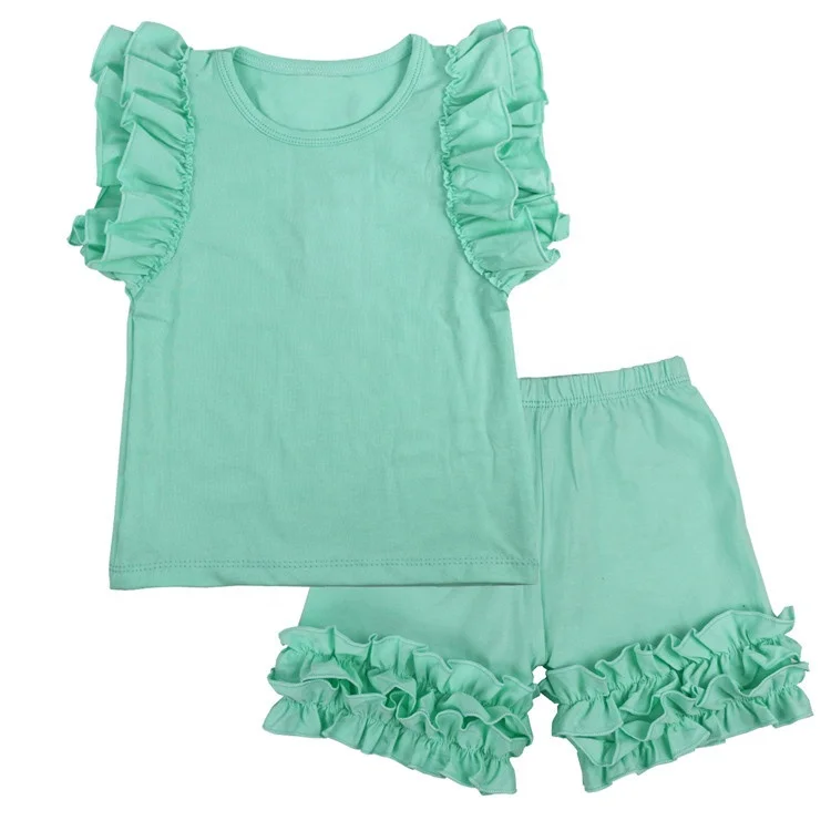 
Bulk wholesale children boutique Outfits Cute Kids clothing sets Summer Solid Ruffle Short Sets baby girls coming home outfit 