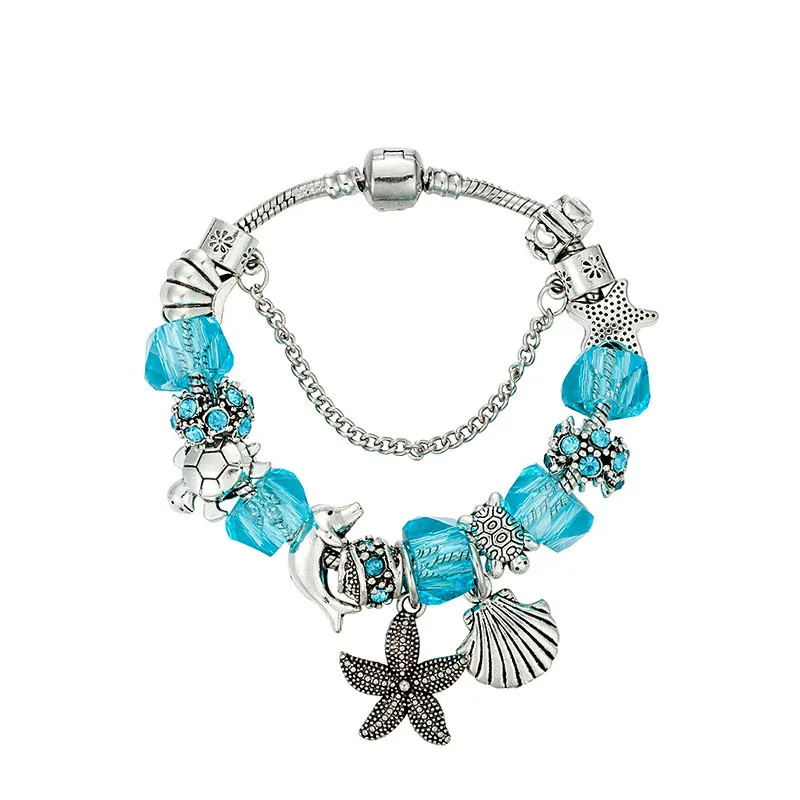 

Ocean Blue Crystal Charm Bead Bracelet Antique Silver Safety Chain Dolphin Turtle Shell Starfish Pendant Charm Bracelets