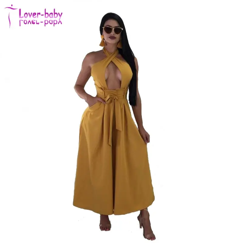 

Sexy Yellow Long Club Jumpsuit Women With Wide Legges