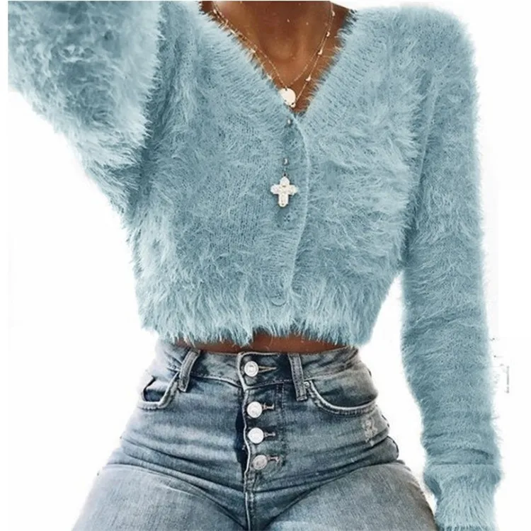 

S-3XL Soft Faux Sweater Tops Women Cardigan Autumn Winter Short V Neck Plus Size Warm Knitted Coat Jackets Female E5076