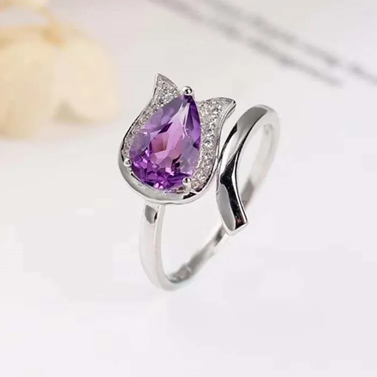 

wholesale lovely cat silver jewelry 925 sterling silver 18k gold plated natural amethyst gemstone ring