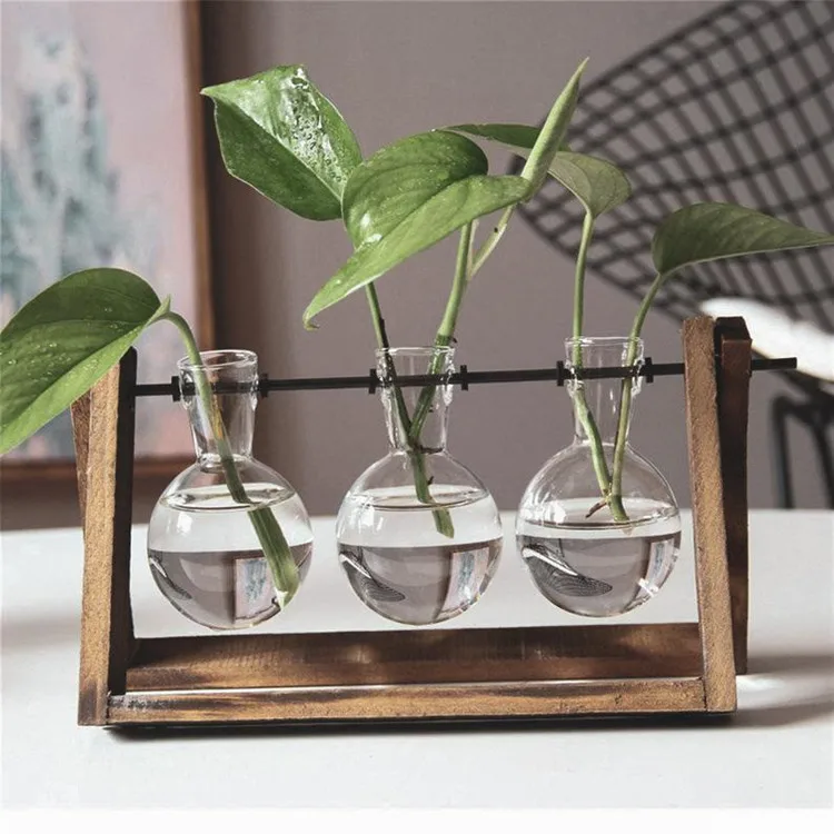 Wooden Plant Stand with Glass Vase, Planter, Terrarium, Water Plant Holder, Office Decor Plant Pot