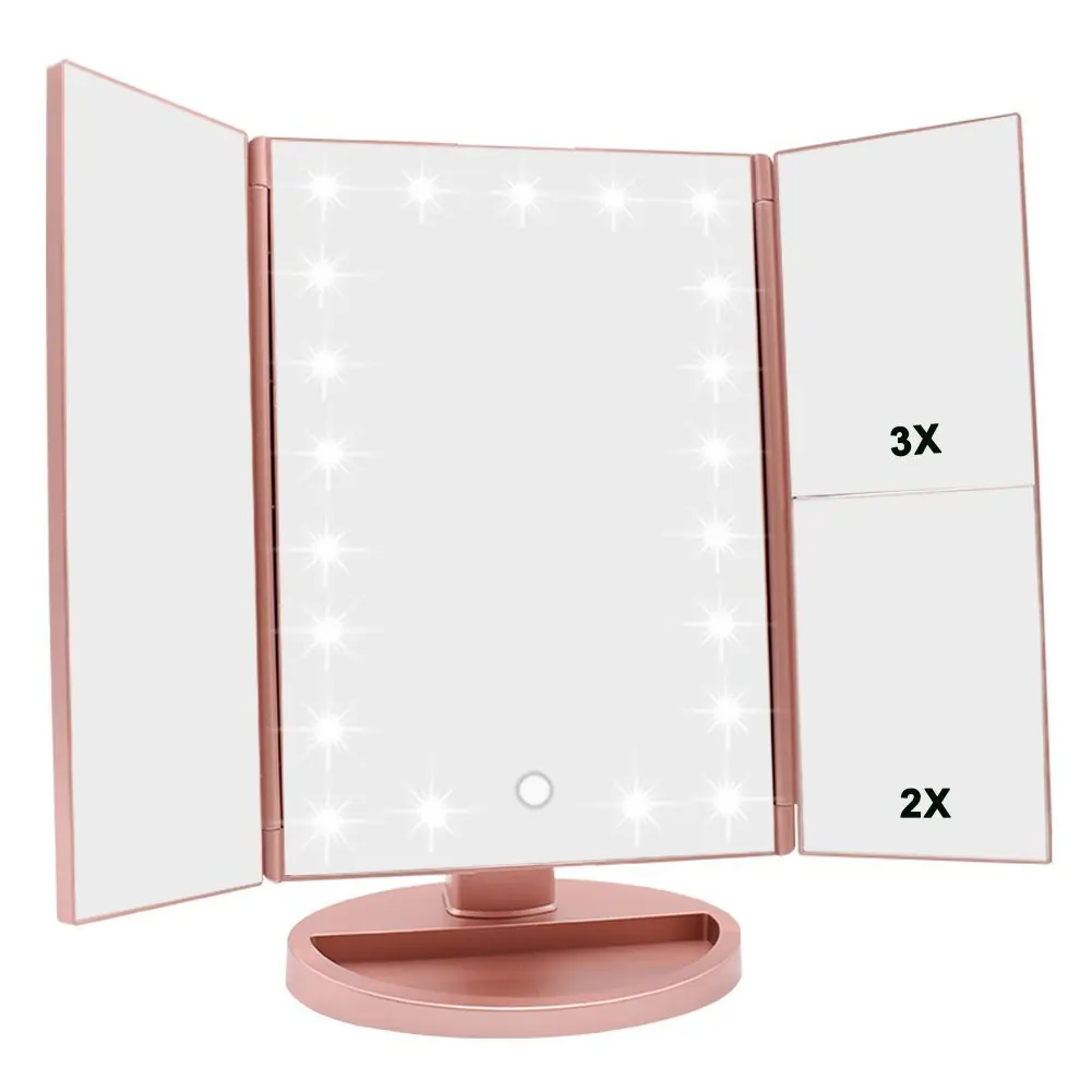 

Cosmetic Make up Led Makeup Mirror with Lights USB Charging Foldable 22 Light Magnifying Tri-fold Makeup Mirrors, White;black;pink and sky blue;also customize