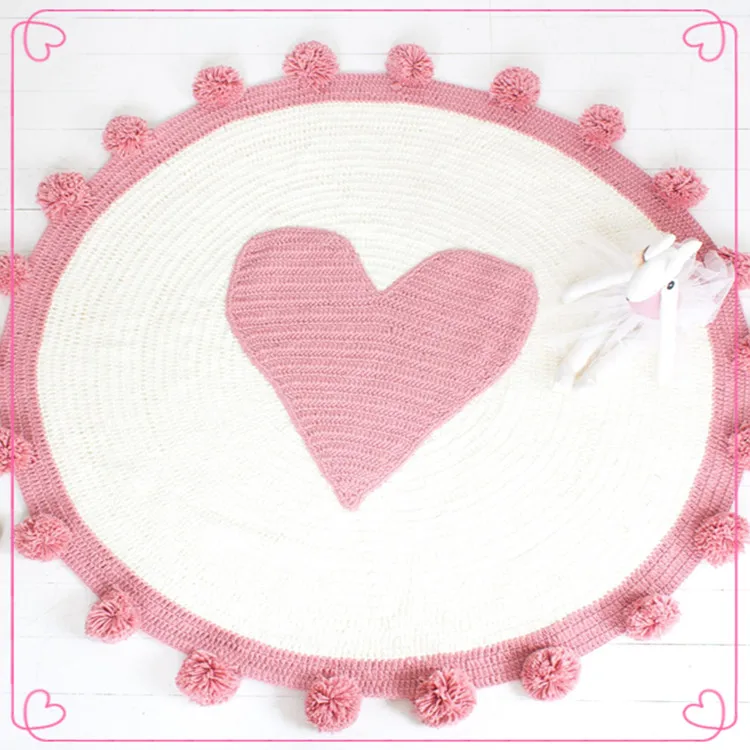 

Wholesales 100% Handmade Newborn Baby Crochet Heart Design Rug On The FLoor Yarn Knitted Soft Game Blanket With Ball Tassels, White/pink