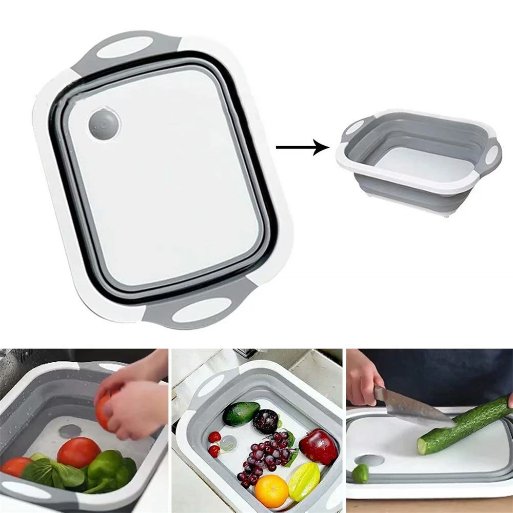 

Drop ship Vegetable Fruit Washing Kitchen Drain Tools foldable cutting board folding basket, Grey