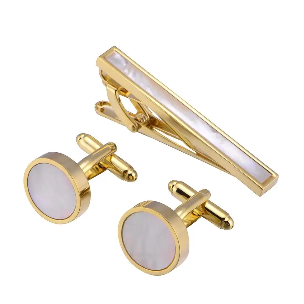 

Gold plated shell bar tie clips round shell cufflinks set