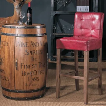 Imdustrial Oak Wood Antique Leather Bar Stool Imdustrial Oak Wood Antique Leather Bar Stool