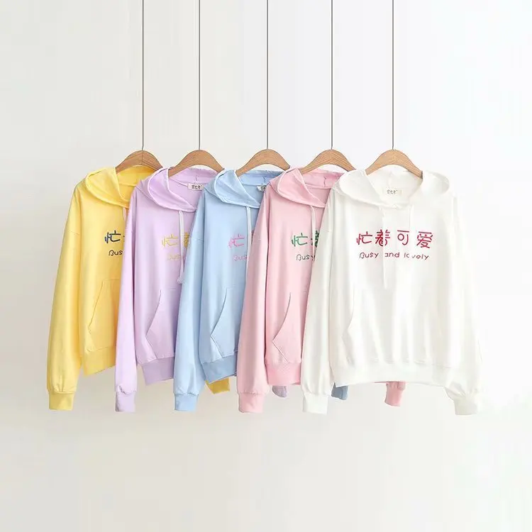 

Latest Design Custom Pullover Long sleeve Letter Printed Hoodie Women's Candy Color Hooded Sweatshirt, 5colors