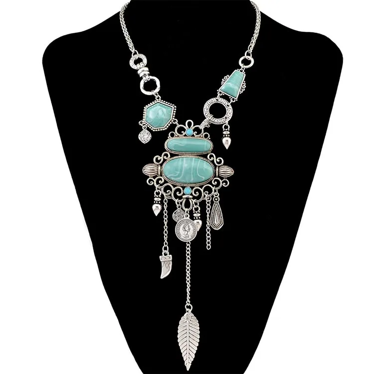 

Bohemian Silver Gold Fashion Necklace Inlay Irregular Geometry Necklace Blue Gem Coin Leaf Tassel Necklace Women Jewelry, Silver,golden