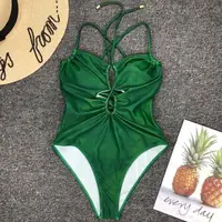 

2019 Latest Fashion Swimsuit for Women Sexy One Piece Thong Bikini Green Deep V-neck Bandage Swimwear