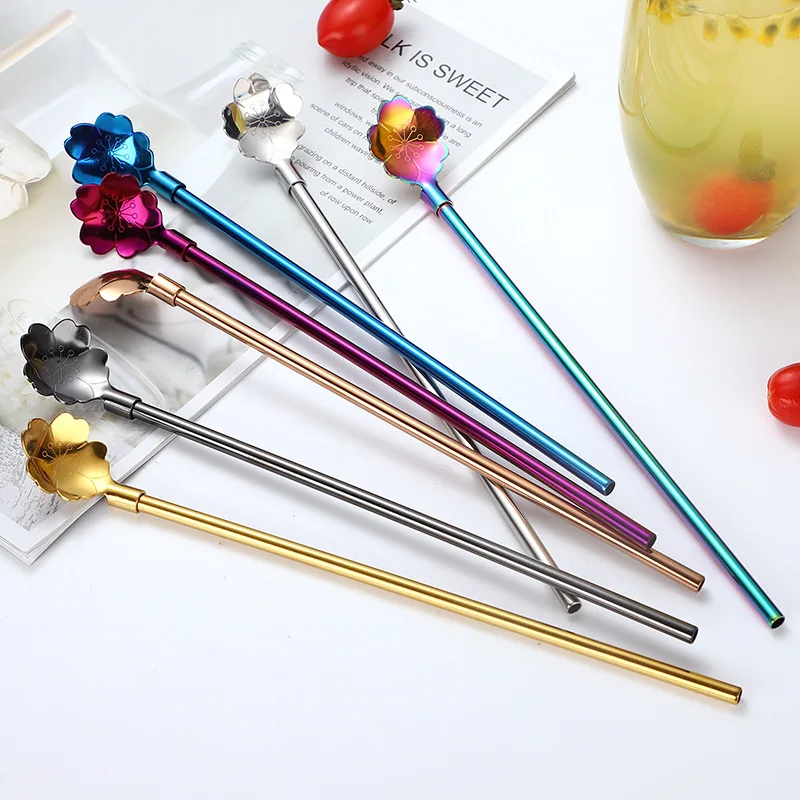 

2019 Fancy Design Stainless Steel Spoon Coffee Spoon straw Flower Spoon Straw
