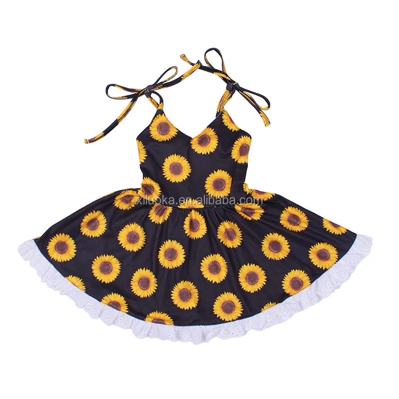 

Hot Sale Summer Boutique Baby Girls Clothing Milk Silk Sleeveless Sunflower Dresses With Lace, Picture