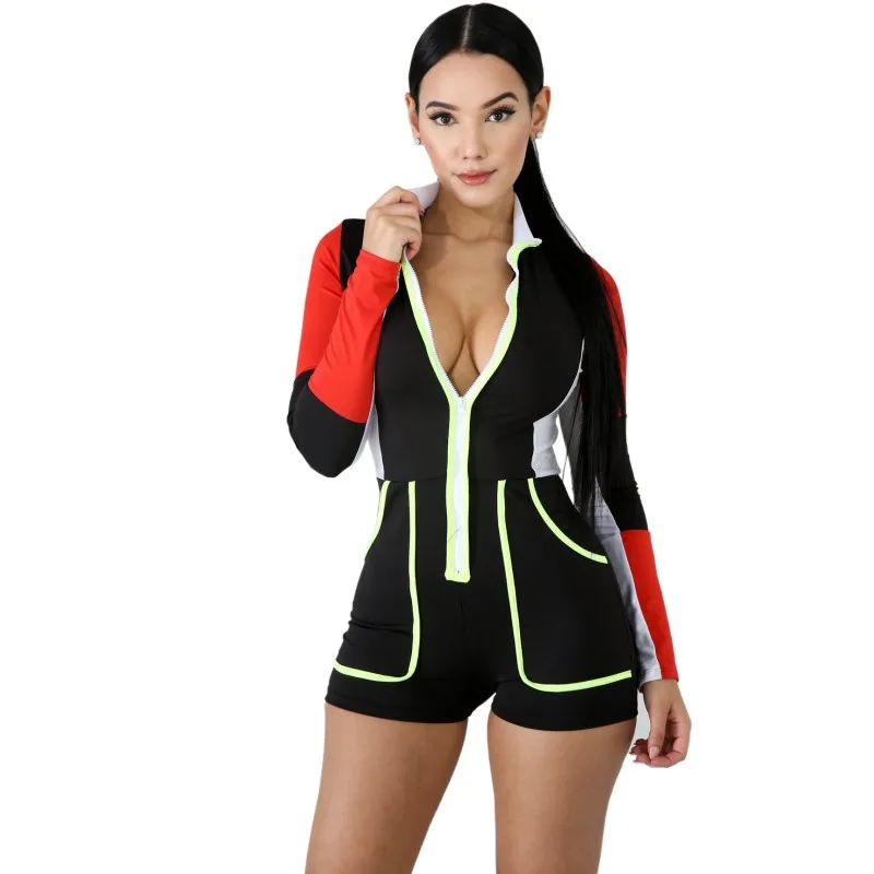 

Color Patchwork sport Jumpsuit Women Sexy Zipper Long Sleeve Biker Shorts Romper Night Club Playsuit Y11310
