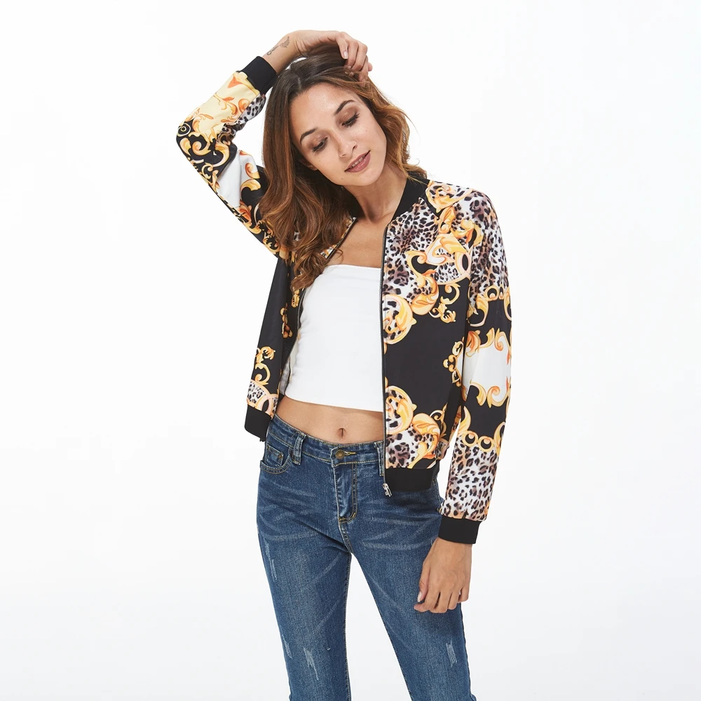 

2018 Autumn Fashion Leopard Pattern Zipper Bomber Jacket For Women, Green/black/pink