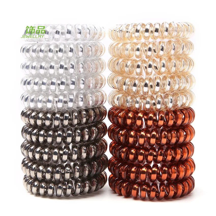 

100 pcs/lot High Quality Metal Punk Telephone Wire Coil Gum Elastic Hair Band 4.5 cm Hair Tie Hairband Ponytail Holder Bracelet, 4 colors, silver, gold, black, brown
