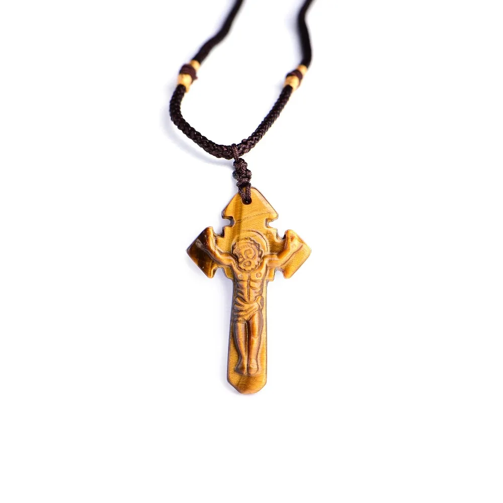 

Drop Shipping Natural Yellow Tiger Eye stone Carving Crosses Lucky Amulet Pendant Necklace For Women Men pendants Jade Jewelry