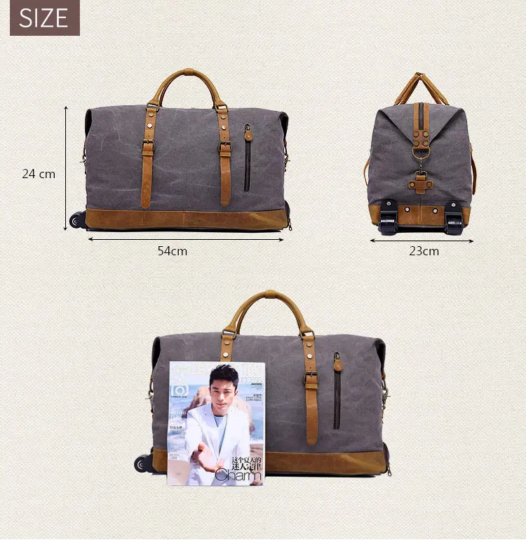 Vintage high quality waterproof waxed canvas american multipurpose travel trolley luggage duffle duffel bag with wheels