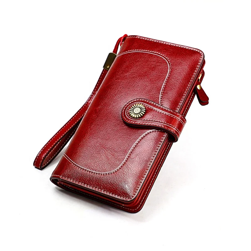 

High Quality Genuine Leather RFID Wallet For Women Oil Wax Luxury Female Purse Ladies Long Clutch Vintage Wallet