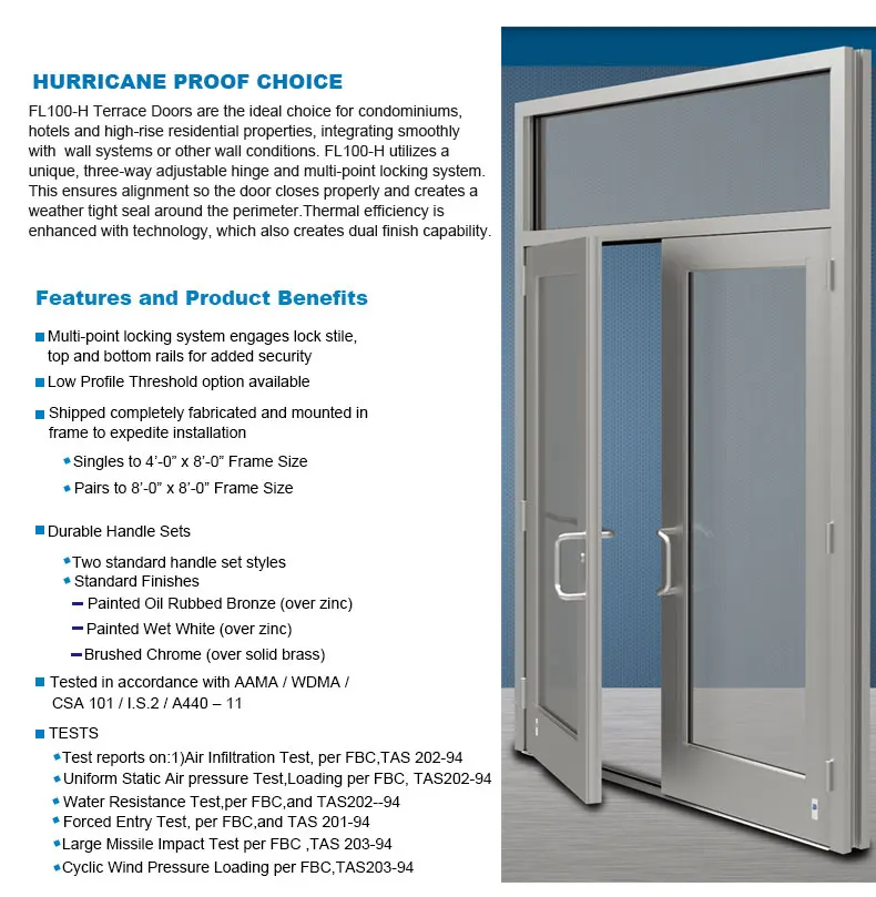 Hurricane proof Miami Dade Test Aluminium Casement French Glass Door