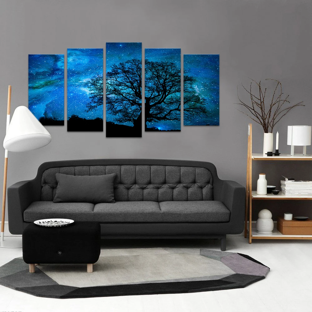 5 Panel Hd Dicetak Starry Langit Malam Kanvas Lukisan Pohon Besar