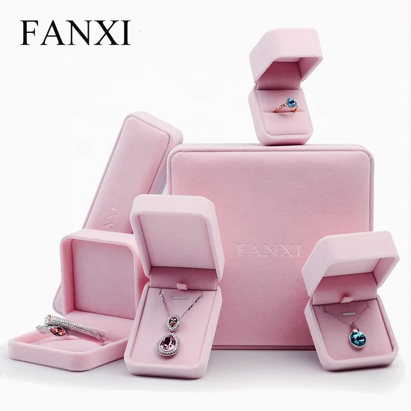 

FANXI Wholesale Custom Logo gift packaging boxes for ring necklace bracelet watch jewellery packing pink velvet jewelry box, N/a