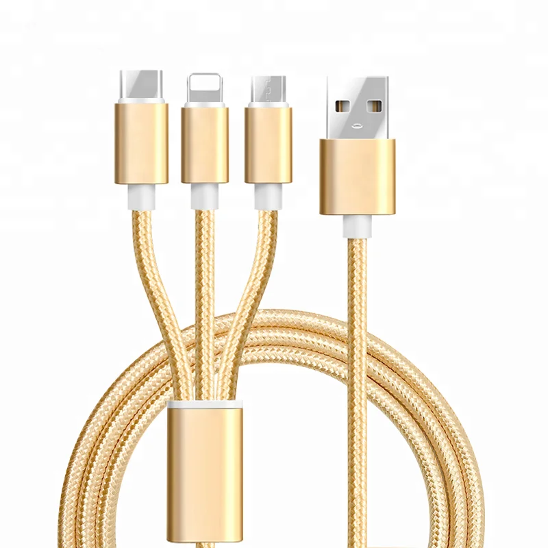 

3 IN 1 Fashion Design Nylon Braided USB Charging Cable for Phones, Gold/rose gold/rose red/silver/blue/black/red