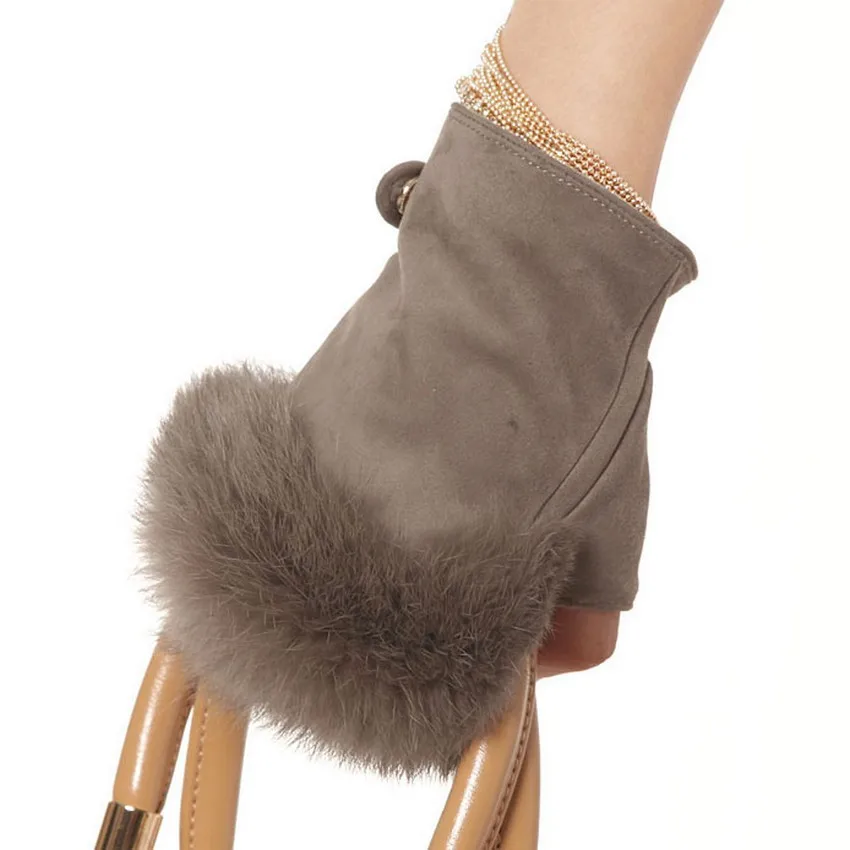 fingerless suede gloves with rabbit fur