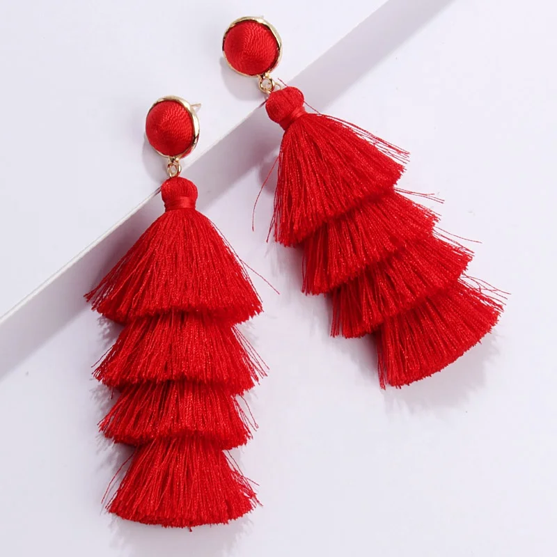 

Wholesale European 4 Layer Silk Bohemian Black Tassel Earring Earrings For Women Tassel Long Jewelry for women