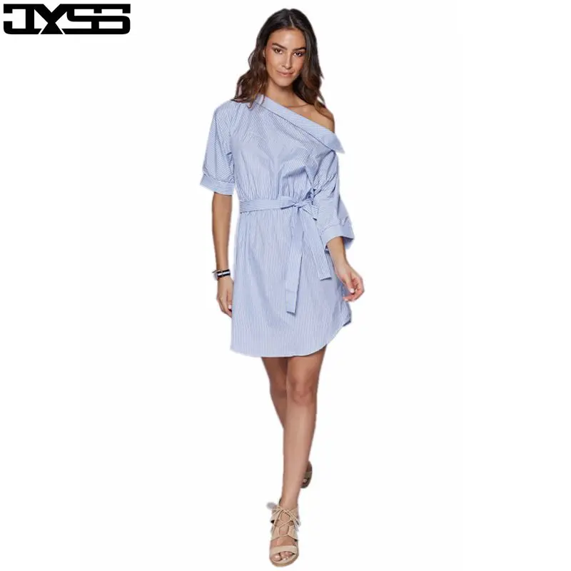 

Autumn new long-sleeved belt blue fashion striped dress female 80776#