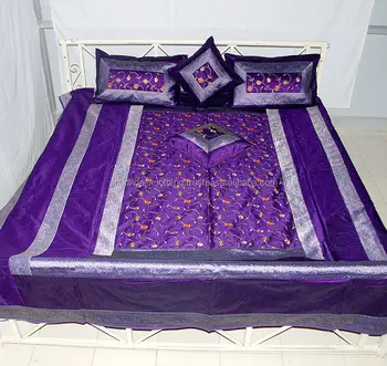 5 Piece Blue Jaipuri Silk Double Bed Cover Set Blue Bedsheet With