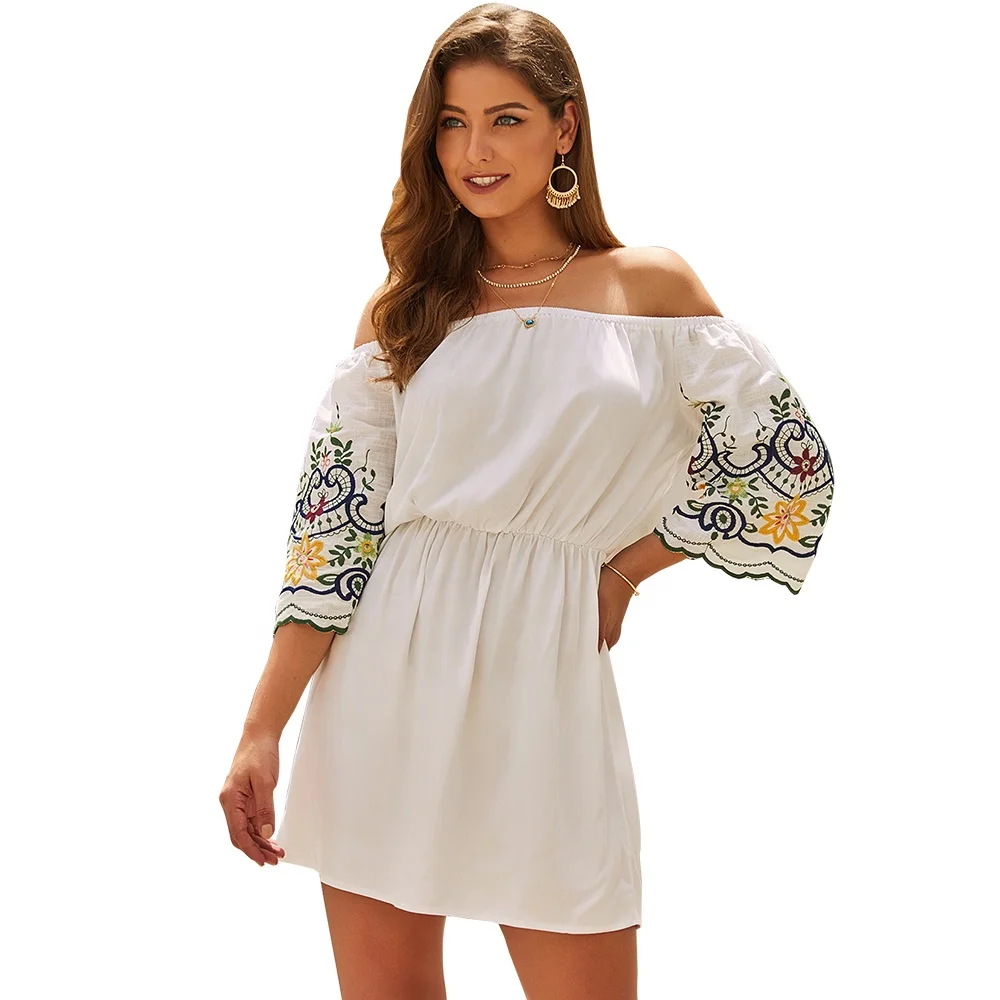 

F10086A European style Hot style five sleeved off shoulder dress for women, As picture