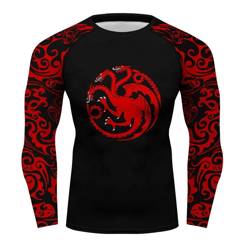 

Men Long Sleeve Training T Shirt House Targaryen Dragon Printed Tee Game of Thrones 3D Printing Fitness Baselayer Gym Shirt, Black/red