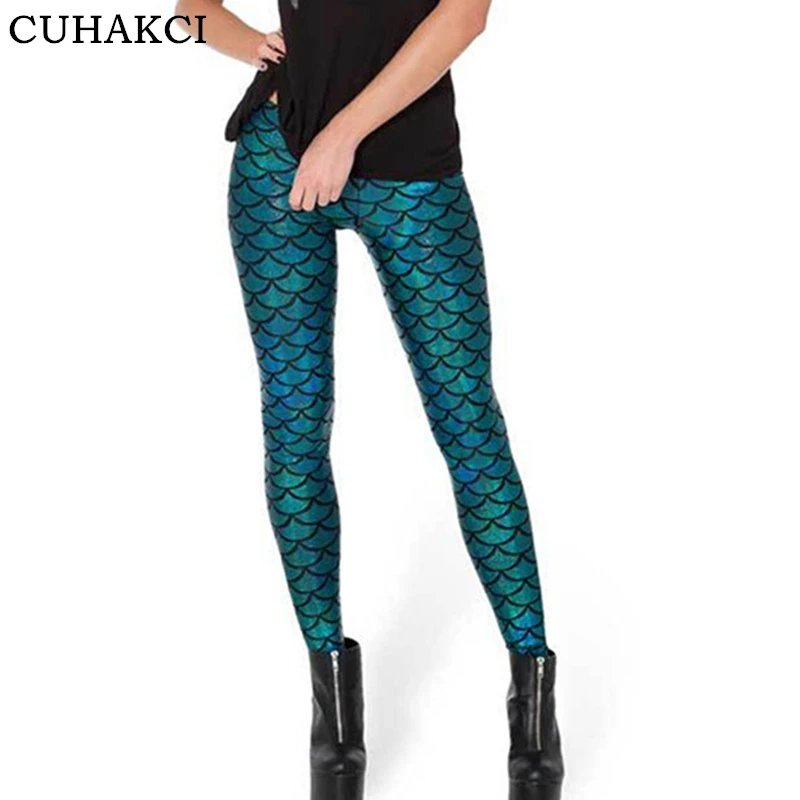 

CUHAKCI Hot Sale Thin Multicolor Mermaid Print Diving Yoga Leggings Women Stretch Shiny Fish Scale Tights Plus Size, Multi color