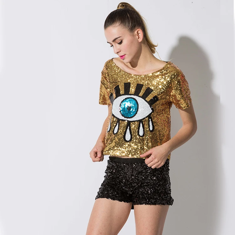 

Hot sale women hip hop clothing sparkly costume t shirt big eye sequin shirt