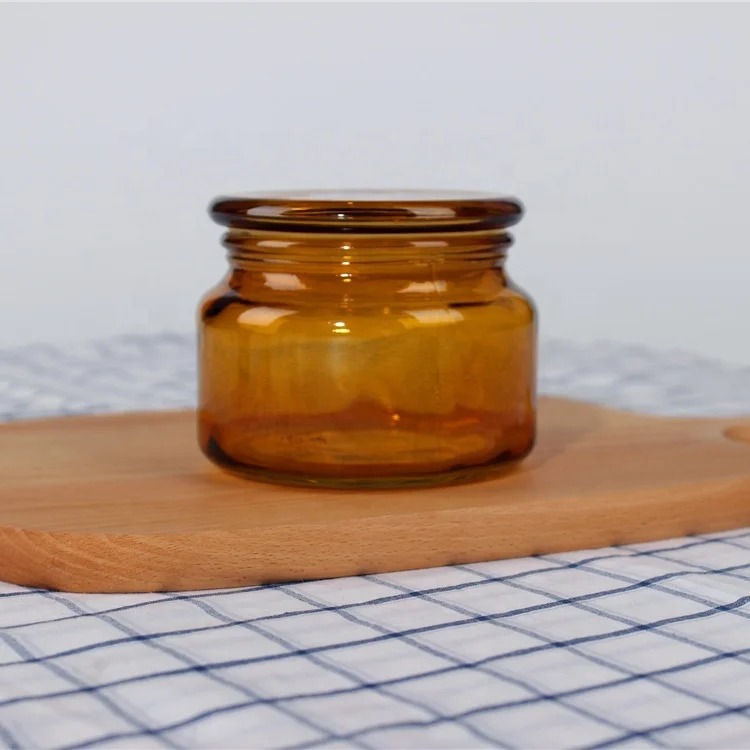 

Amber glass candle jar empty candle holder container with glass lid 300ml, Clear transparent