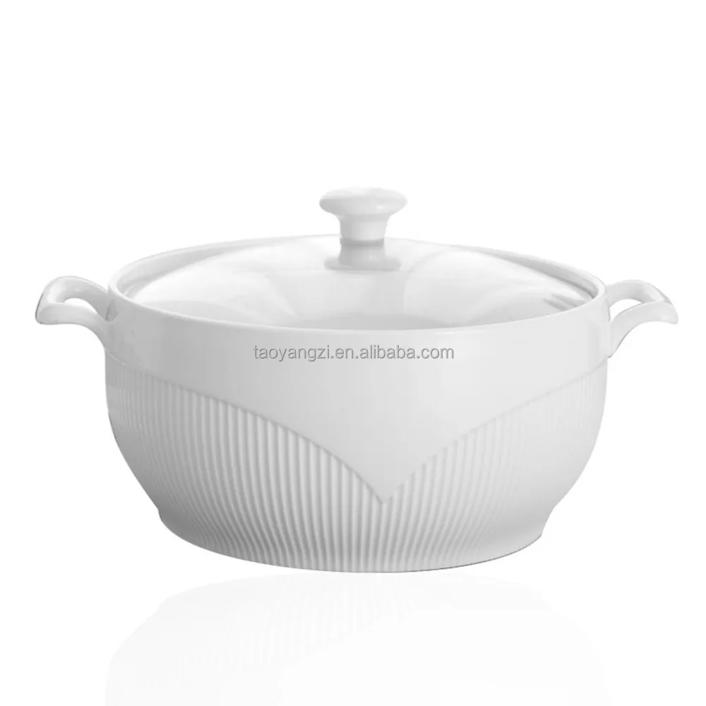 

China Wholesale Commercial White Ceramic Soup Pot with Lid, Superwhite