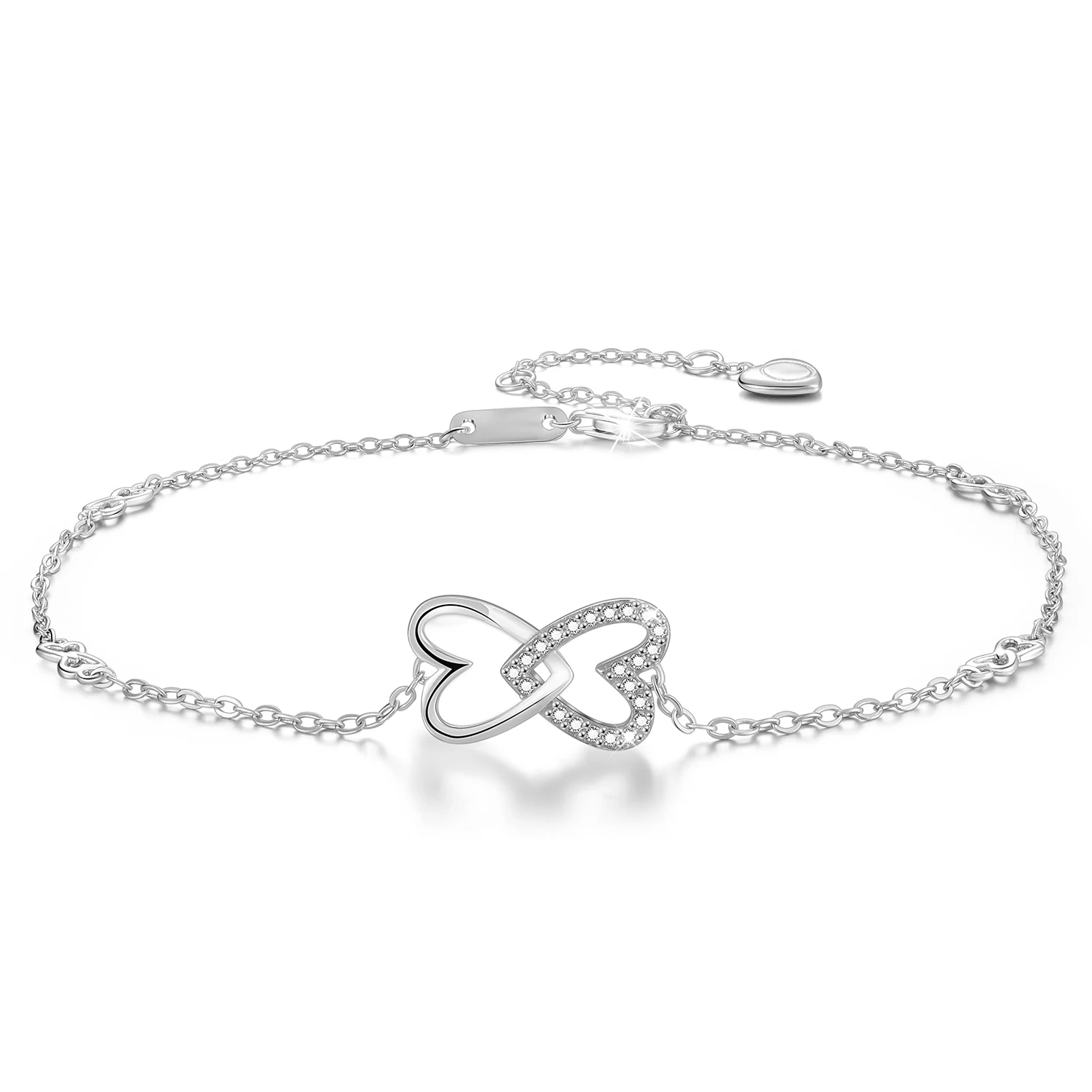 Doble en forma de corazón amor plata 925 cubic zirconia pulsera para las mujeres...