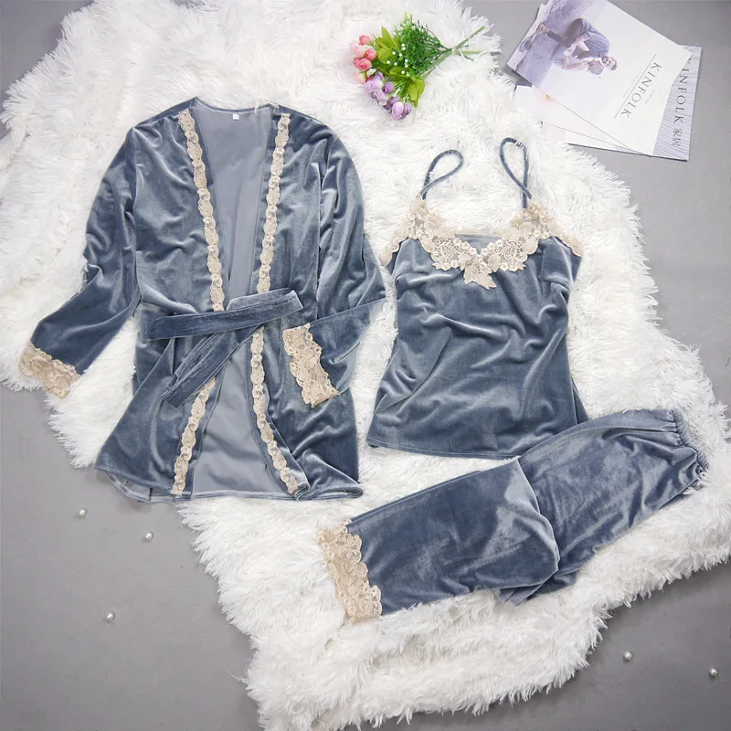 

Autumn Winter Warm Pajamas Set Women Sleep Set Deep Gold Velvet Homewear Pijama Women Long Pant Set Robe Women, Required