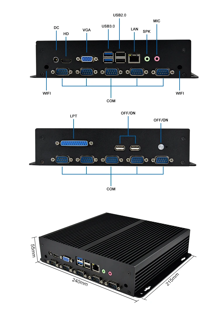 Fanless Industrial PC 10*COM Ports Mini Computer Celeron J1900 Mini desktop PCwith LPT and Serial Parallel Port