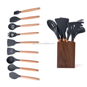 a10410 beech wooden handle silicone kitchen cooking utensil with wooden holder