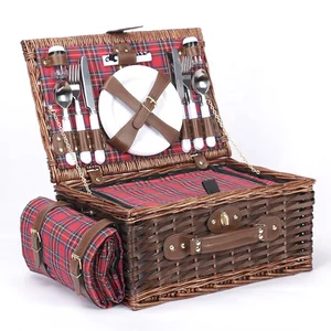 Image of Customized Willow Picnic Basket Blanket Cooler Bag Included Wicker Picnic Basket Cutlery Set