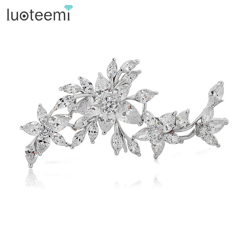 

LUOTEEMI Luxury White Gold Plated Bridal Fashion Wedding Dresses Flower CZ Brooches