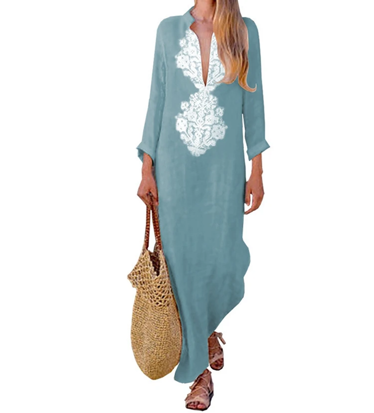 

Fashion Vintage Bohemian Women long dresses Sexy Long Sleeve CDeep V-neck Print Cotton Linen Long Maxi Dress, Blue yellow gary