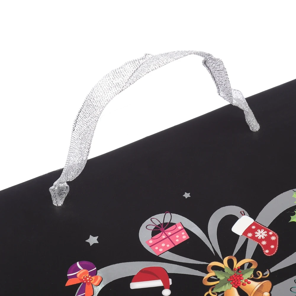 Promotional Portable Black Contracted Christmas Ivory Paper Bag With Silver Handle