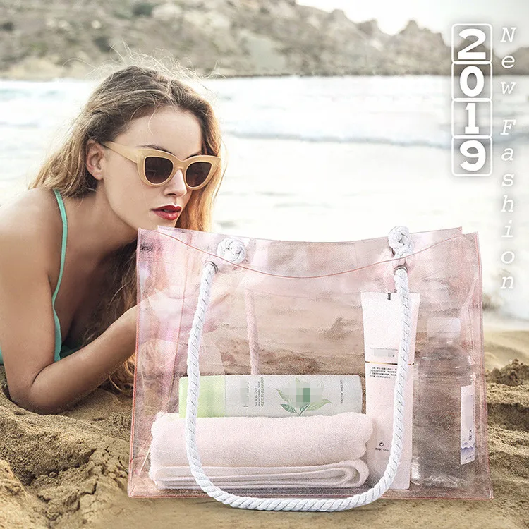 

New Arrival Fashion Trending Women Summer Plastic Transparent Rope Handle Beach Tote Bag