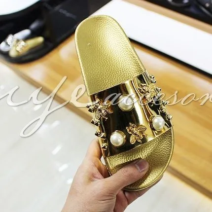 黄金与珍珠皮带钻 pcu 时尚女士拖鞋