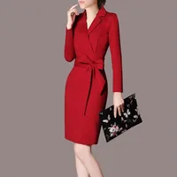 

Autumn winter office dress women Europe sexy slim double breasted suit collar long sleeve plus size dresses A500