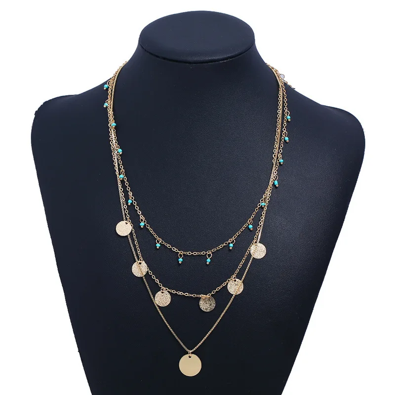 

180809013 gold plated coin pendant necklace multi 3 three layered necklace turquoise necklace, As photo