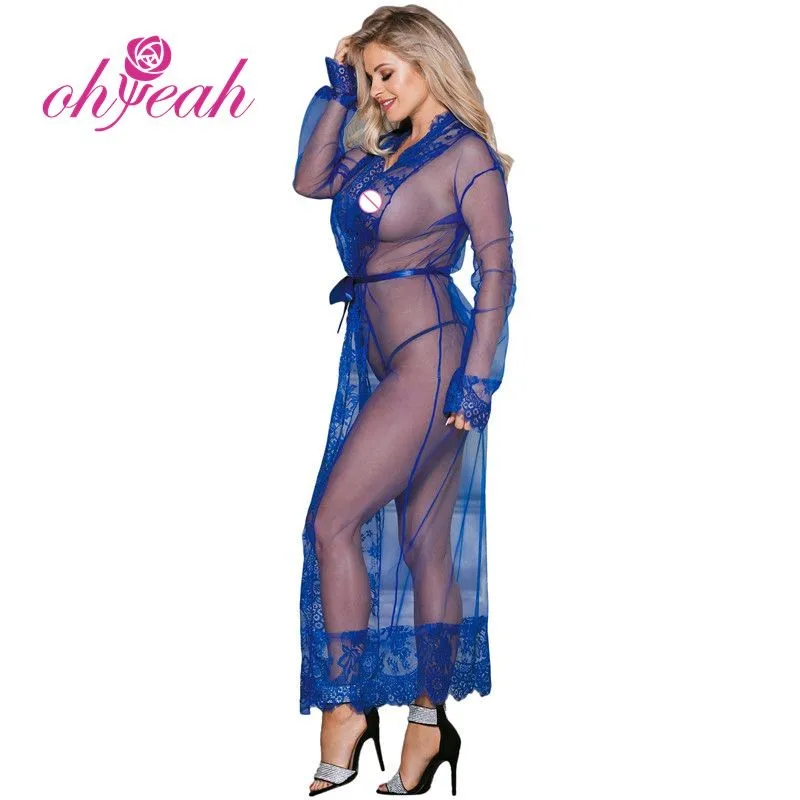 

4 colors sexy nightwear long transparent lingerie blue lace long gown hot sale
